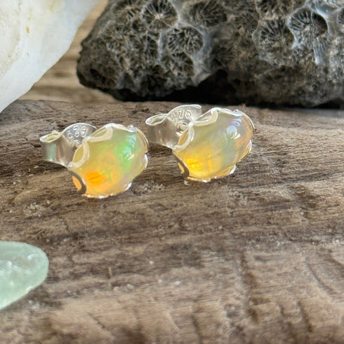 Ethiopian Welo Opal Earrings in Sterling Silver – Oval 8x10mm Gems with Colorful Fire Earrings